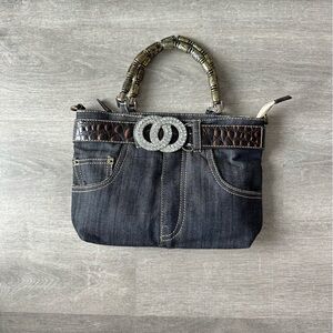 Vintage Y2K black Denim Tote Bag with Rhinestone Double-Ring Accent